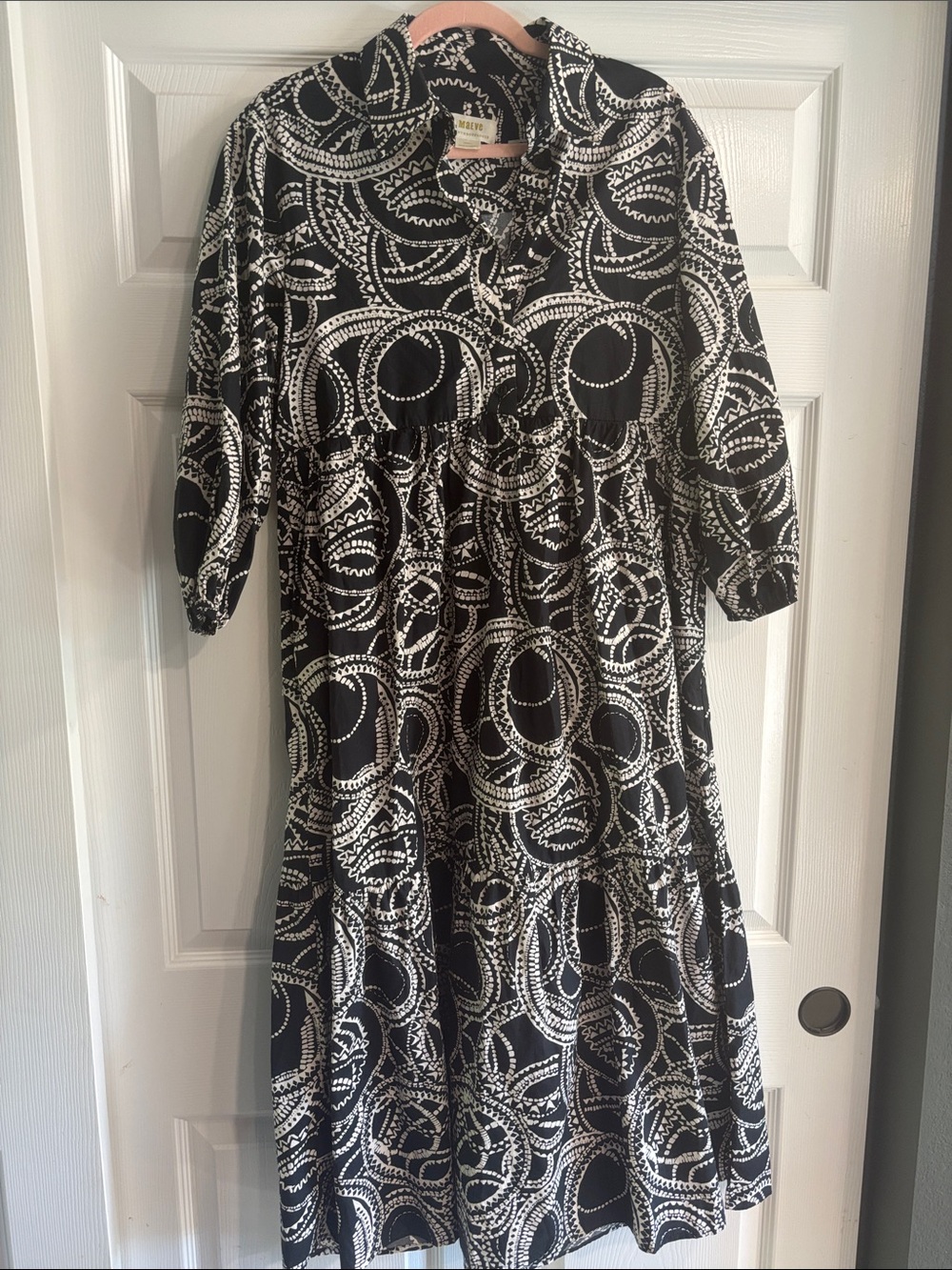 Maeve Anthropologie Black & White Printed Cotton Maxi Dress with Collar